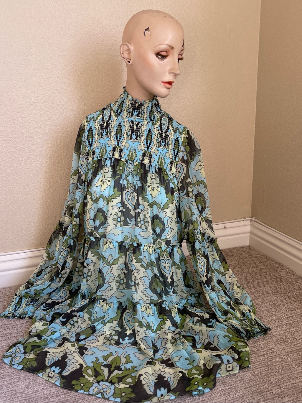Cinq A Sept Blue And Green Floral High-Neck Dress